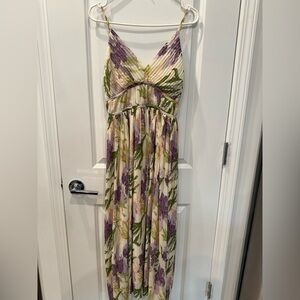 Floral Pleated Maxi Dress in Cream, Purple & Green